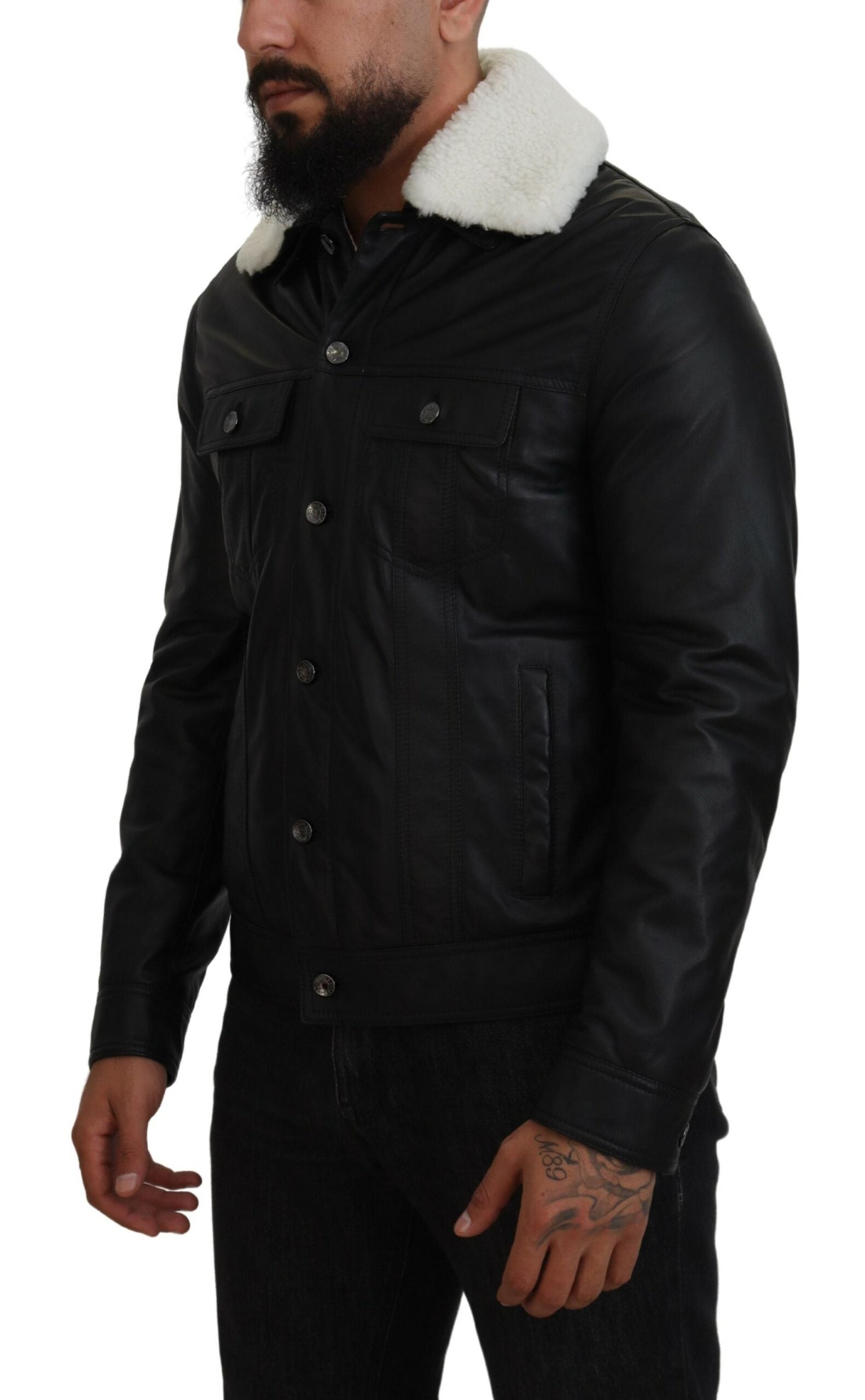 Dolce & Gabbana Black Lamb Leather Collared Men Coat Jacket - Zeiniez