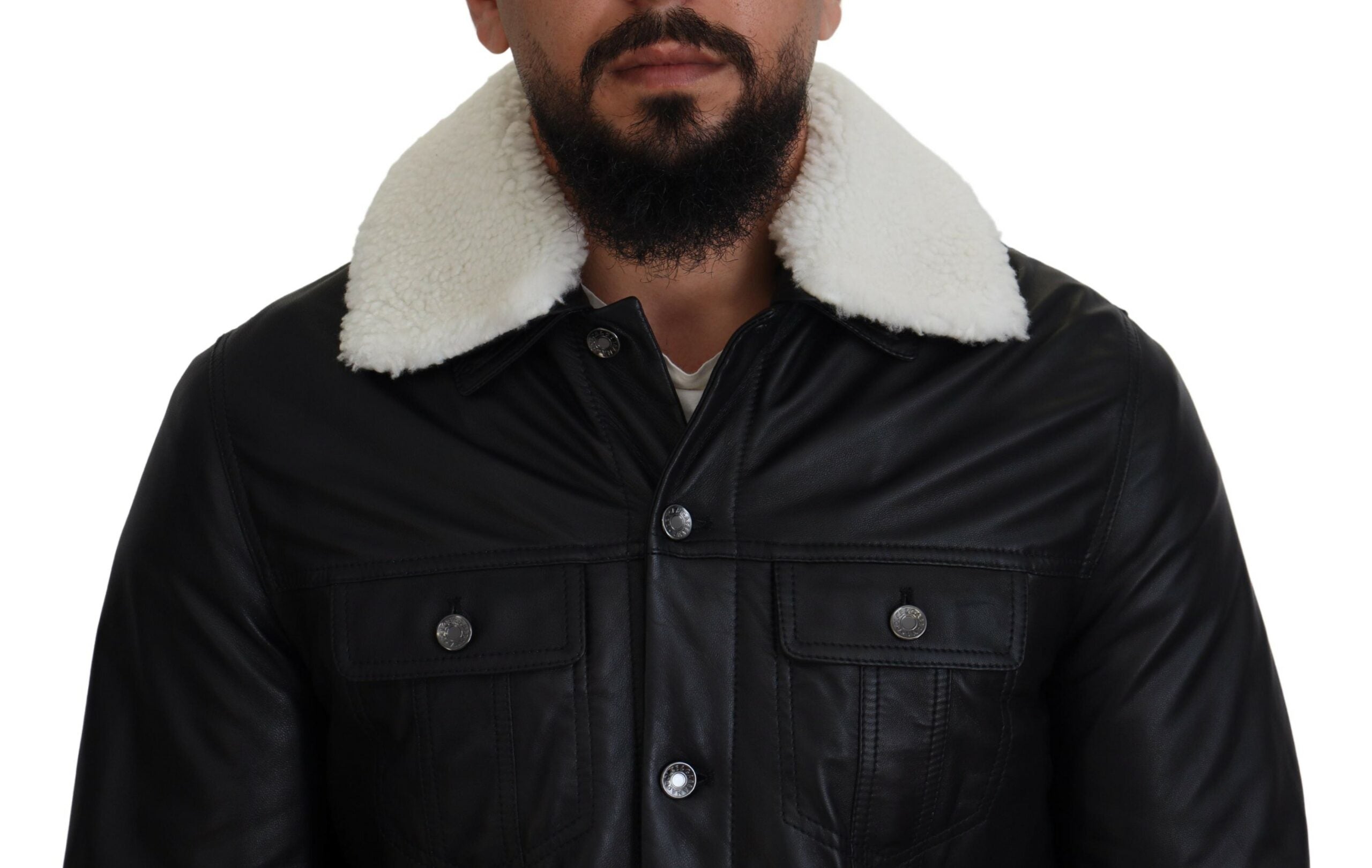 Dolce & Gabbana Black Lamb Leather Collared Men Coat Jacket - Zeiniez