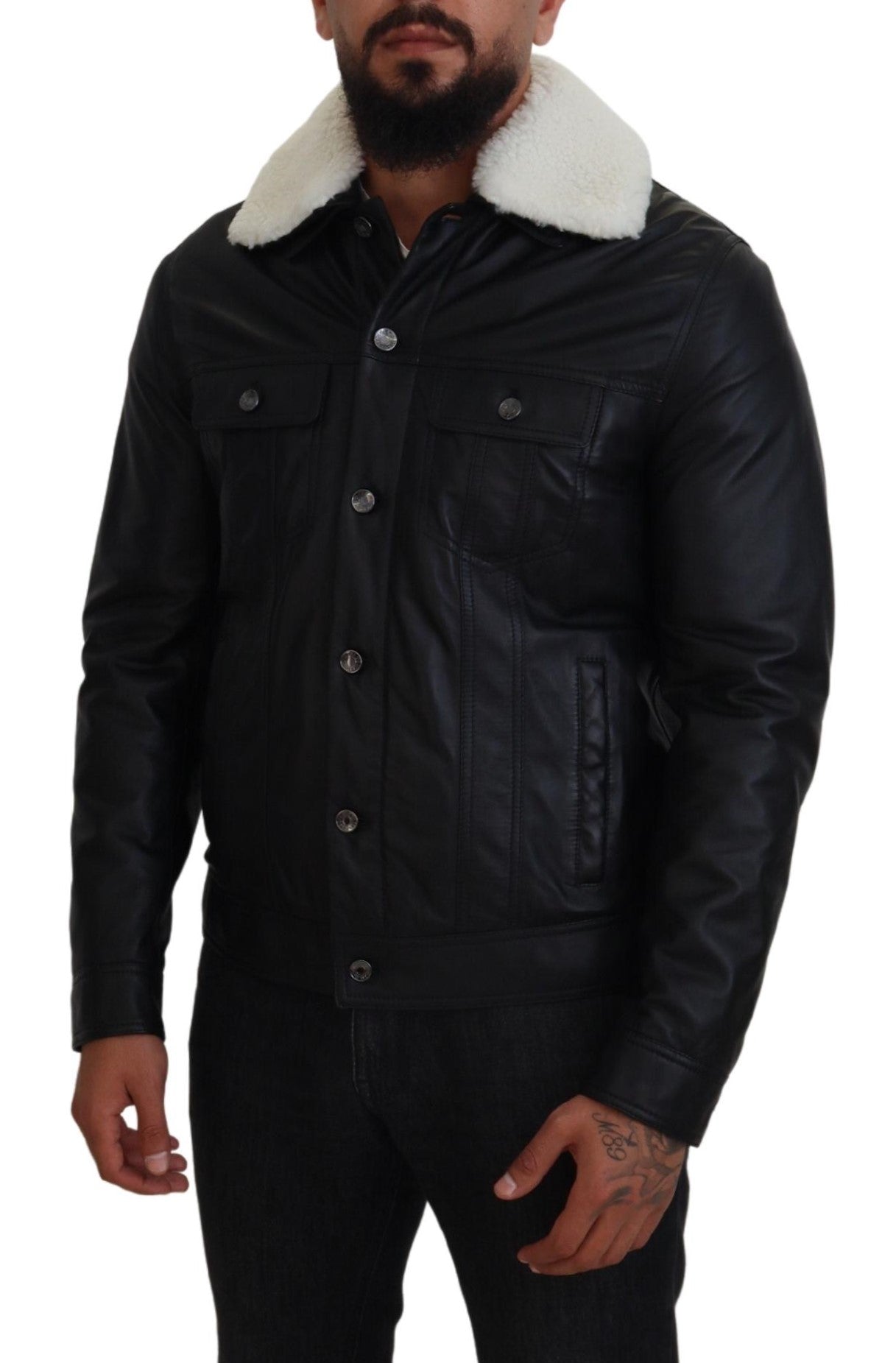 Dolce & Gabbana Black Lamb Leather Collared Men Coat Jacket - Zeiniez