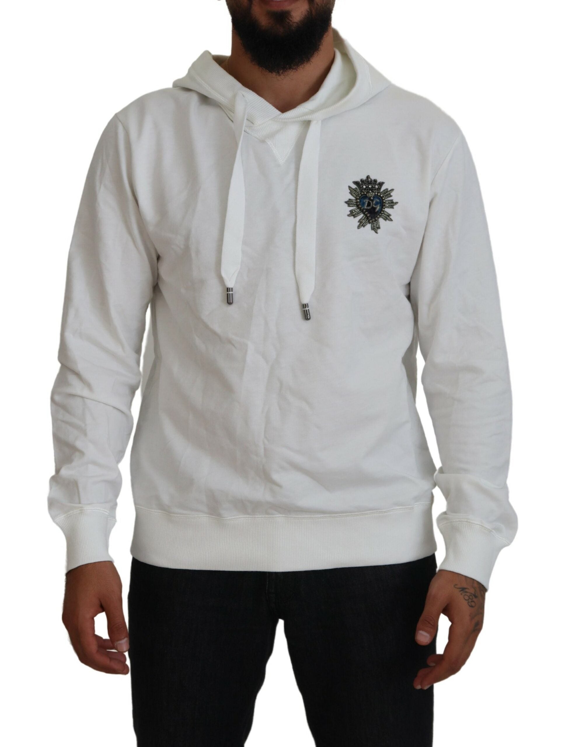Dolce & Gabbana White Cotton Hooded Sweatshirt Logo Sweater - Zeiniez
