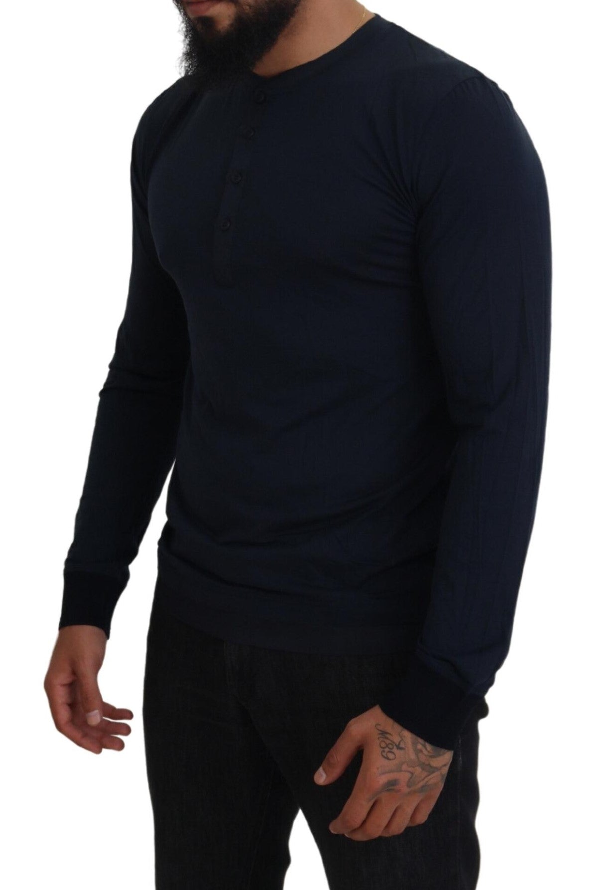 Dolce & Gabbana Blue Cotton Button Crewneck Pullover Sweater - Zeiniez