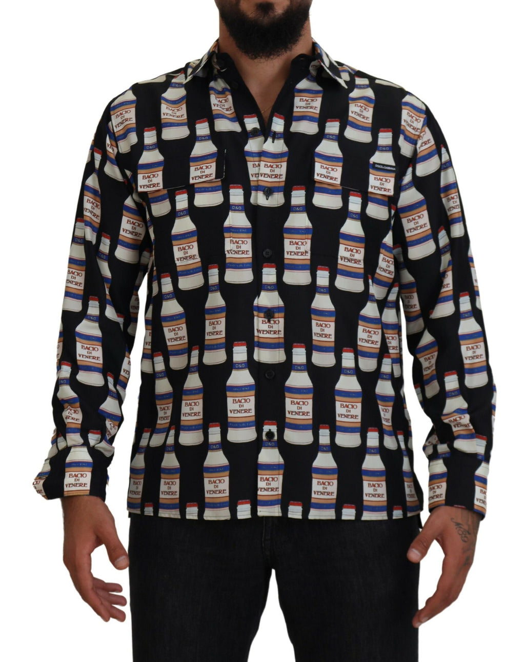 Dolce & Gabbana Black Silk Printed Collared Men Casual Shirt - Zeiniez