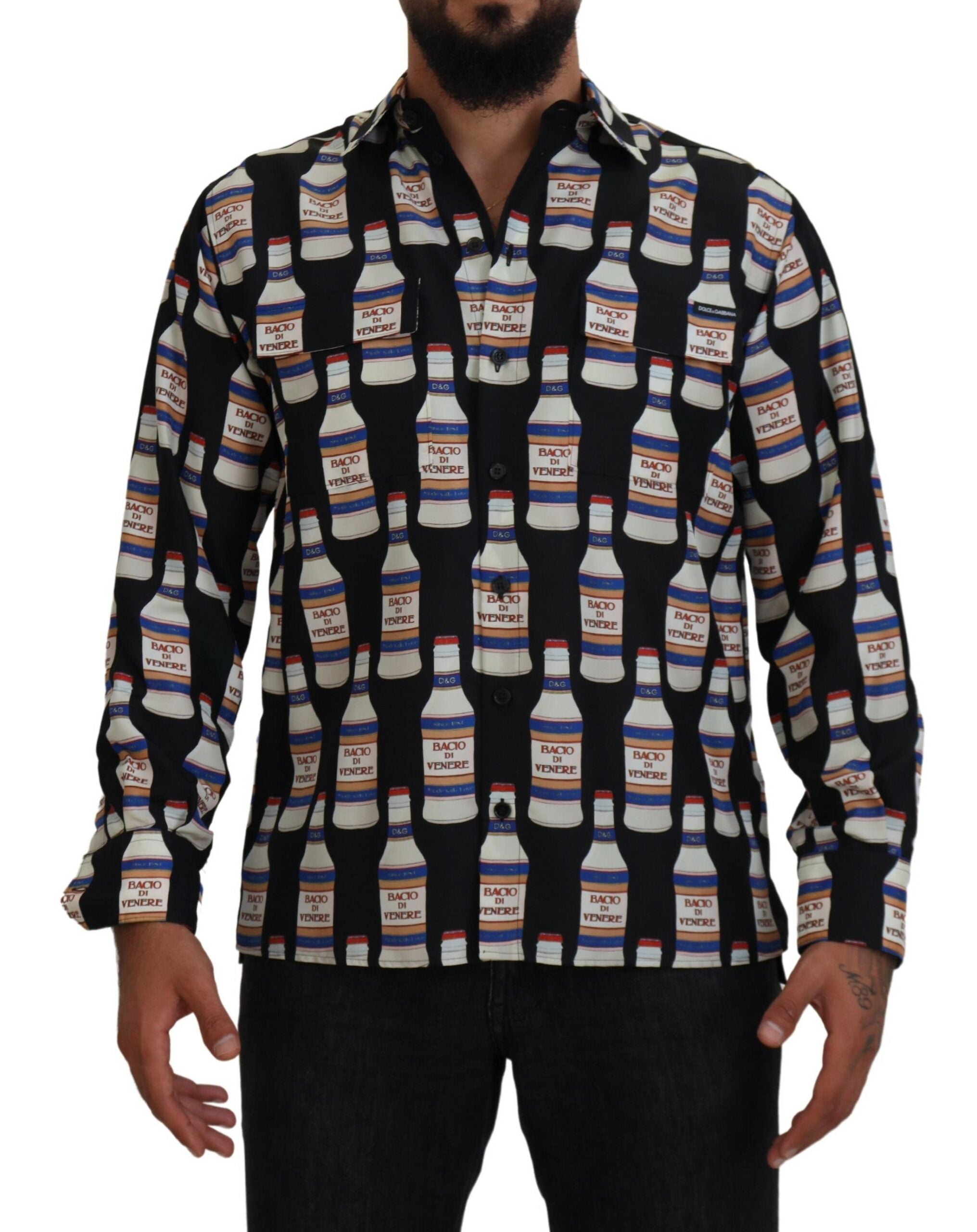 Dolce & Gabbana Black Silk Printed Collared Men Casual Shirt - Zeiniez