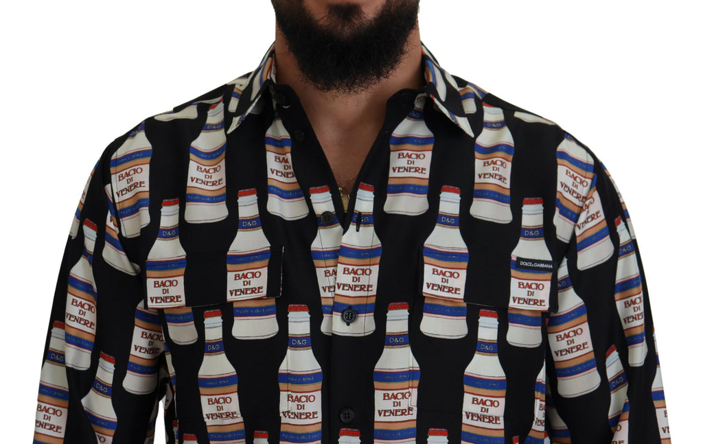 Dolce & Gabbana Black Silk Printed Collared Men Casual Shirt - Zeiniez