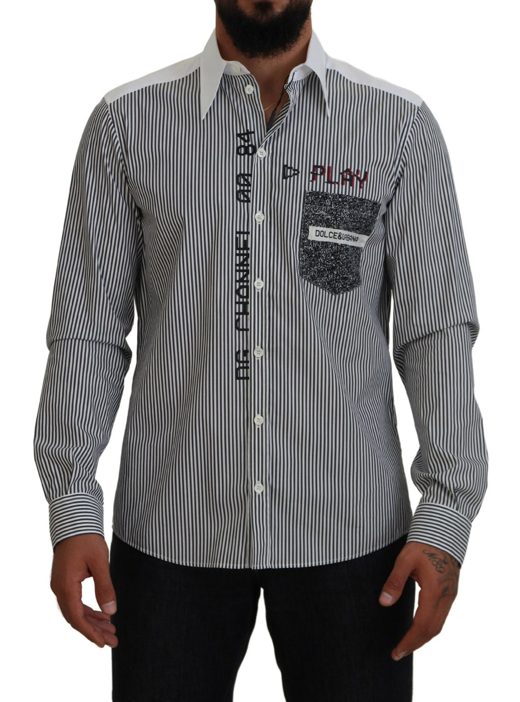 Dolce & Gabbana Black White Striped Printed Casual Cotton Shirt - Zeiniez