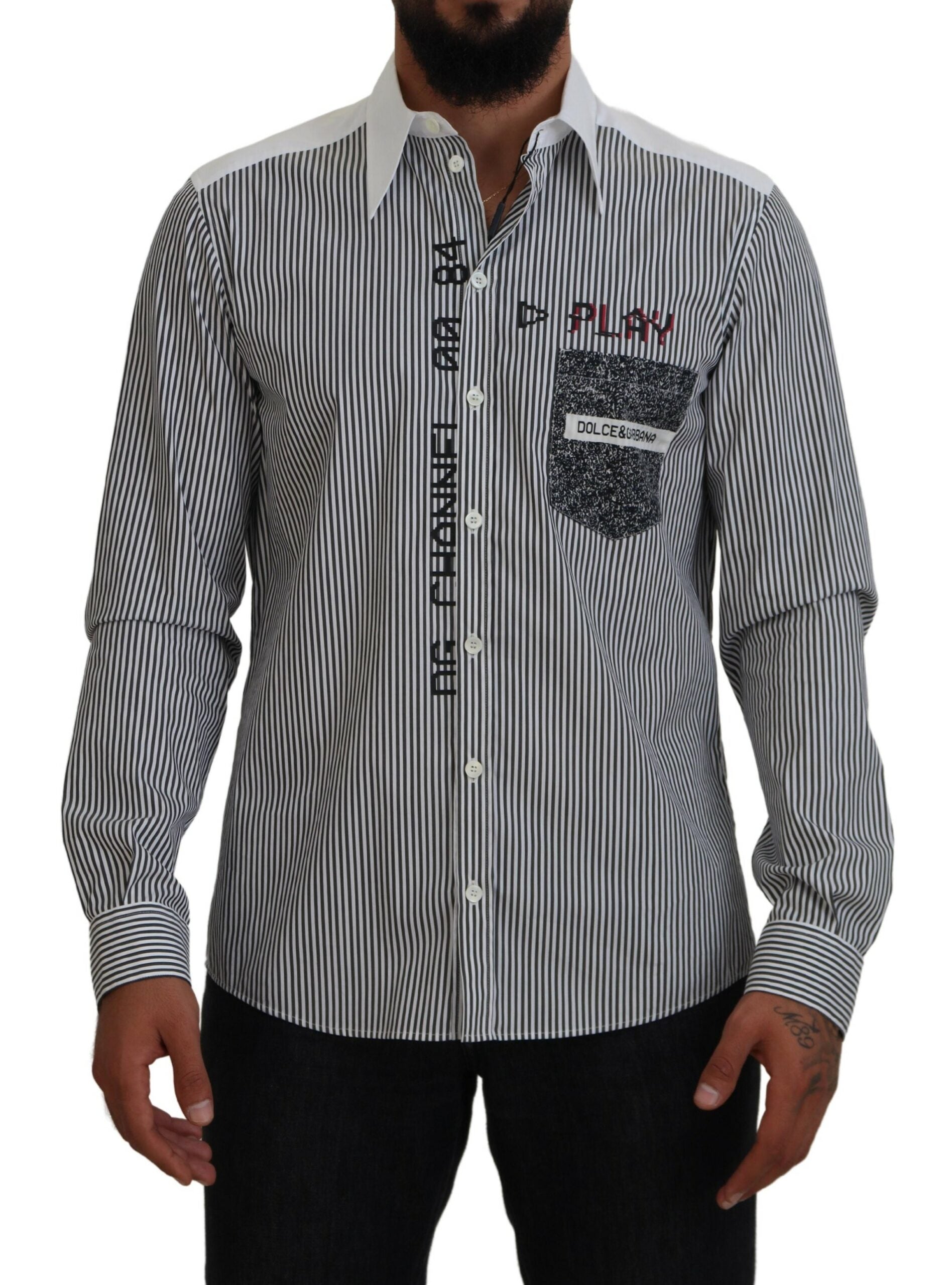 Dolce & Gabbana Black White Striped Printed Casual Cotton Shirt - Zeiniez