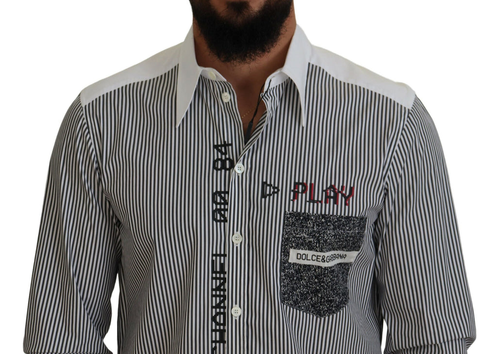 Dolce & Gabbana Black White Striped Printed Casual Cotton Shirt - Zeiniez