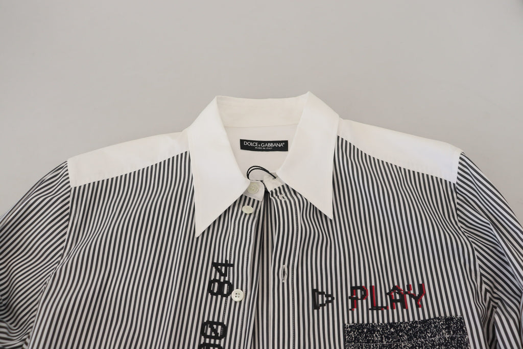 Dolce & Gabbana Black White Striped Printed Casual Cotton Shirt - Zeiniez