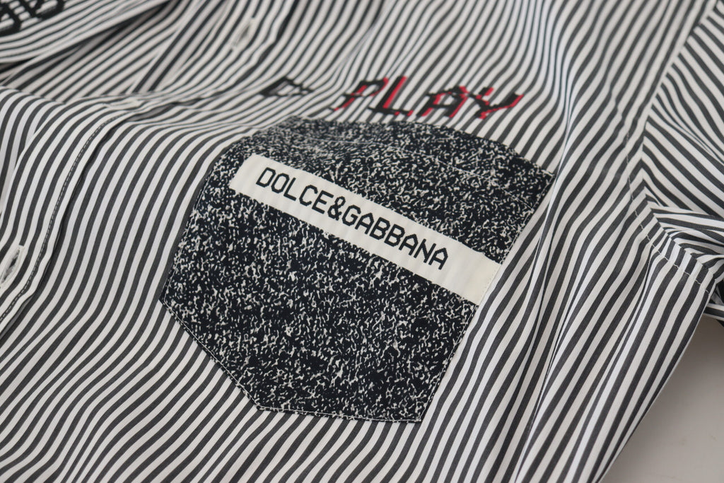 Dolce & Gabbana Black White Striped Printed Casual Cotton Shirt - Zeiniez