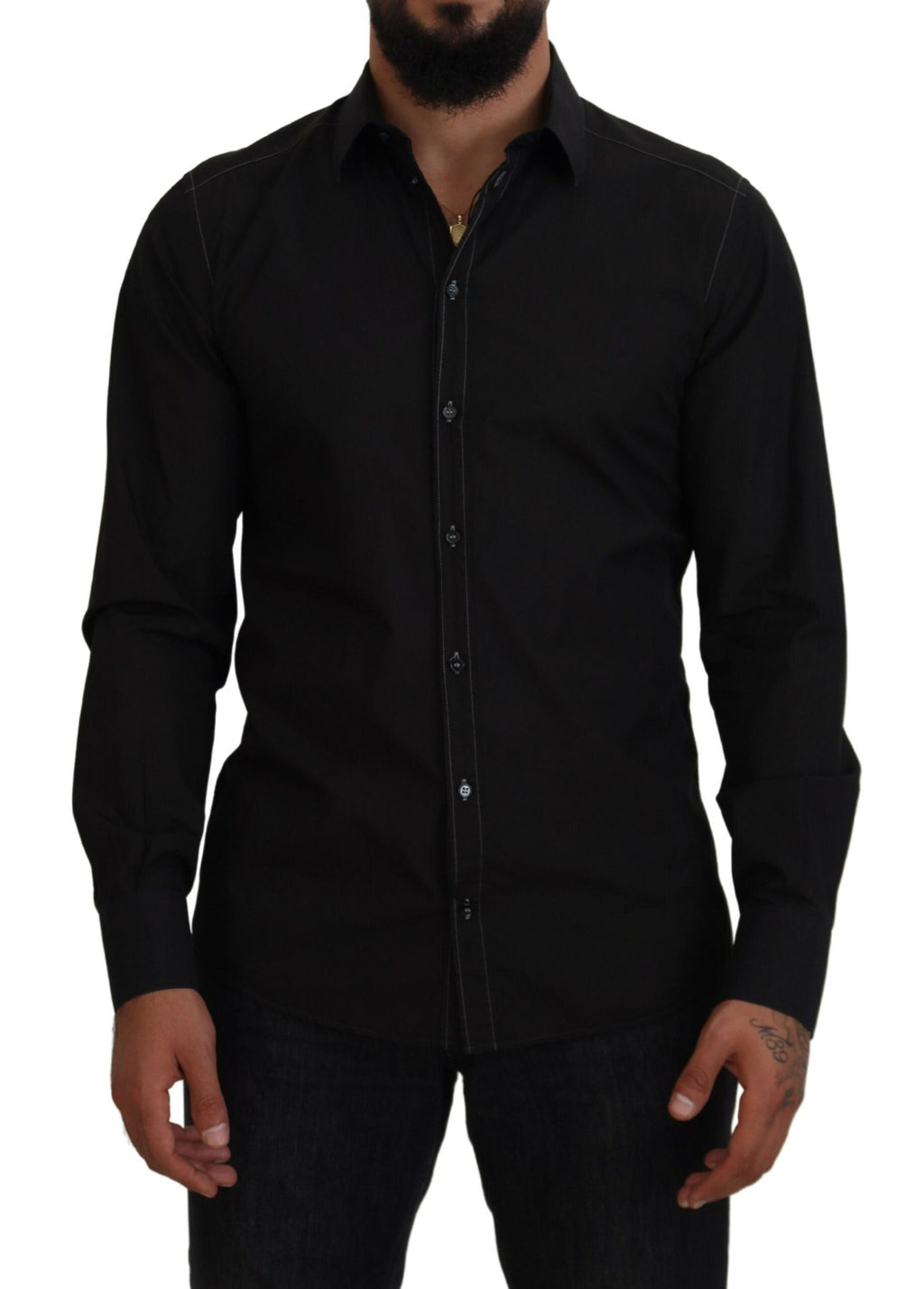 Dolce & Gabbana Black Cotton Collared Long Sleeve GOLD Shirt - Zeiniez