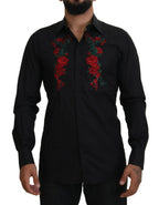 Dolce & Gabbana Black Floral Embroidery Men Long Sleeves GOLD Shirt - Zeiniez
