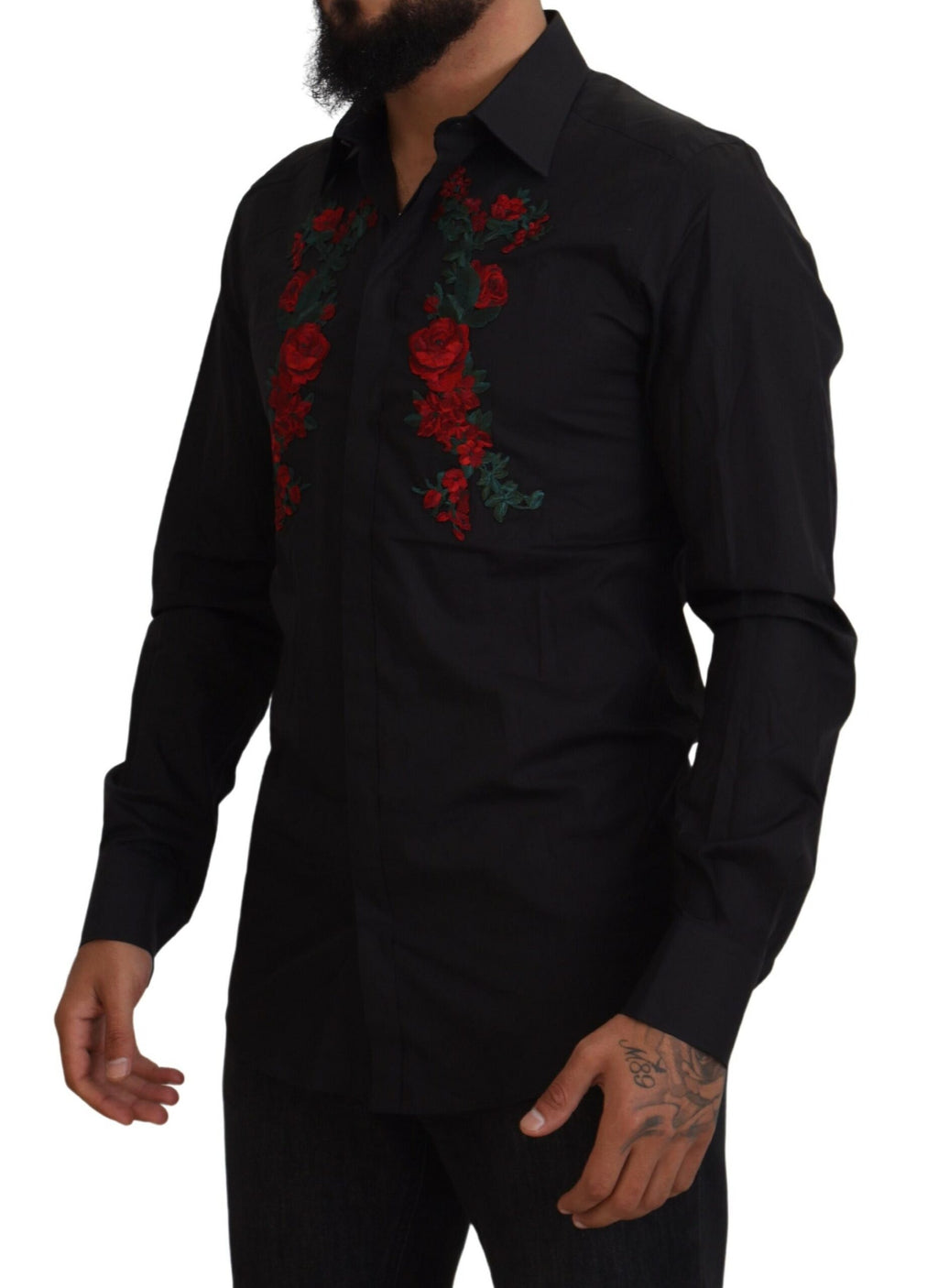 Dolce & Gabbana Black Floral Embroidery Men Long Sleeves GOLD Shirt - Zeiniez