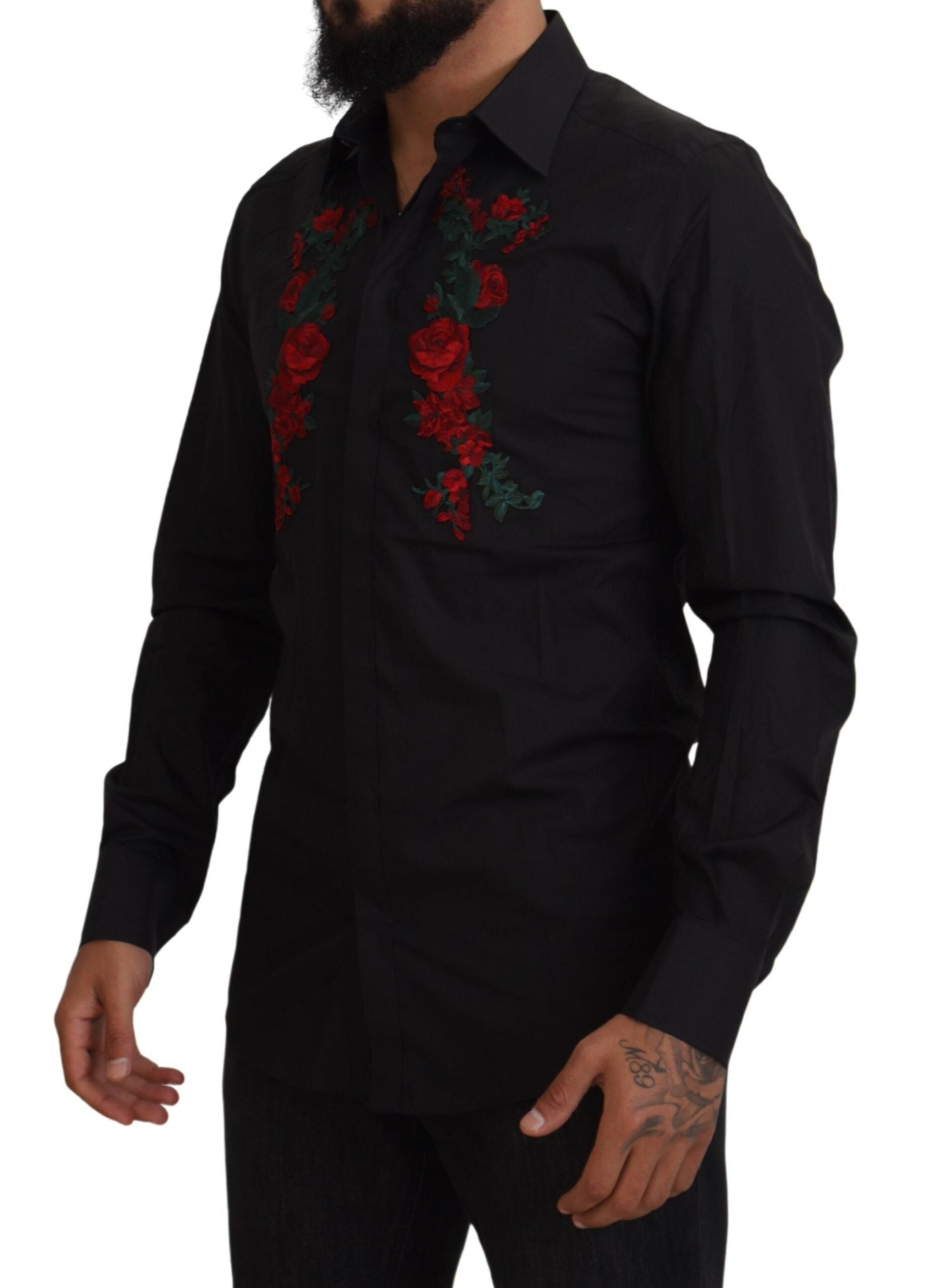 Dolce & Gabbana Black Floral Embroidery Men Long Sleeves GOLD Shirt - Zeiniez