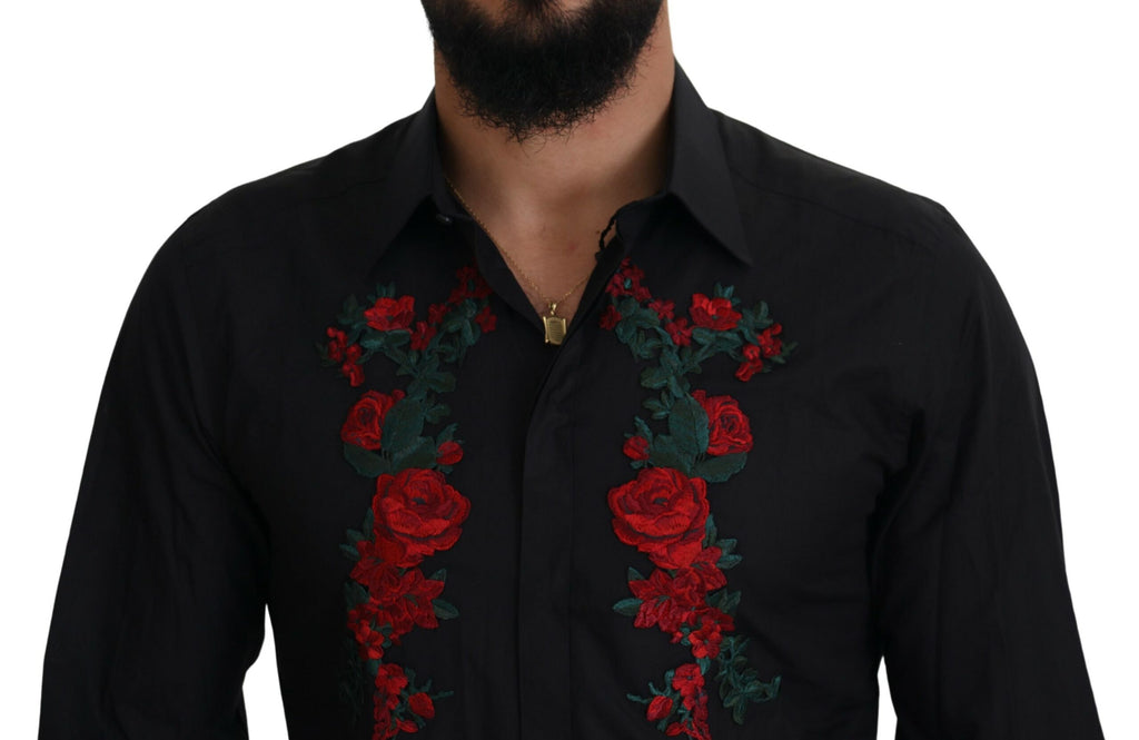 Dolce & Gabbana Black Floral Embroidery Men Long Sleeves GOLD Shirt - Zeiniez