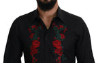 Dolce & Gabbana Black Floral Embroidery Men Long Sleeves GOLD Shirt - Zeiniez