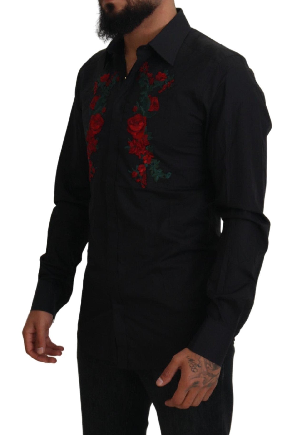 Dolce & Gabbana Black Floral Embroidery Men Long Sleeves GOLD Shirt - Zeiniez