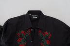 Dolce & Gabbana Black Floral Embroidery Men Long Sleeves GOLD Shirt - Zeiniez