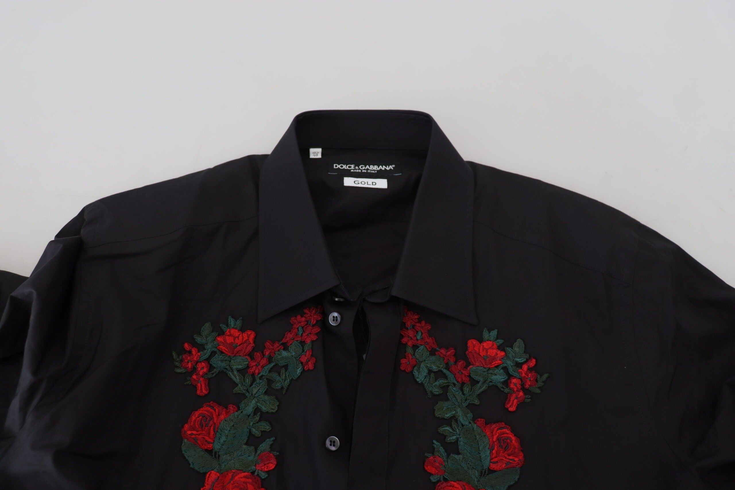 Dolce & Gabbana Black Floral Embroidery Men Long Sleeves GOLD Shirt - Zeiniez