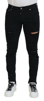Dolce & Gabbana Black Slim Fit Tattered Denim Cotton Jeans - Zeiniez