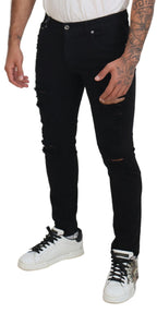 Dolce & Gabbana Black Slim Fit Tattered Denim Cotton Jeans - Zeiniez