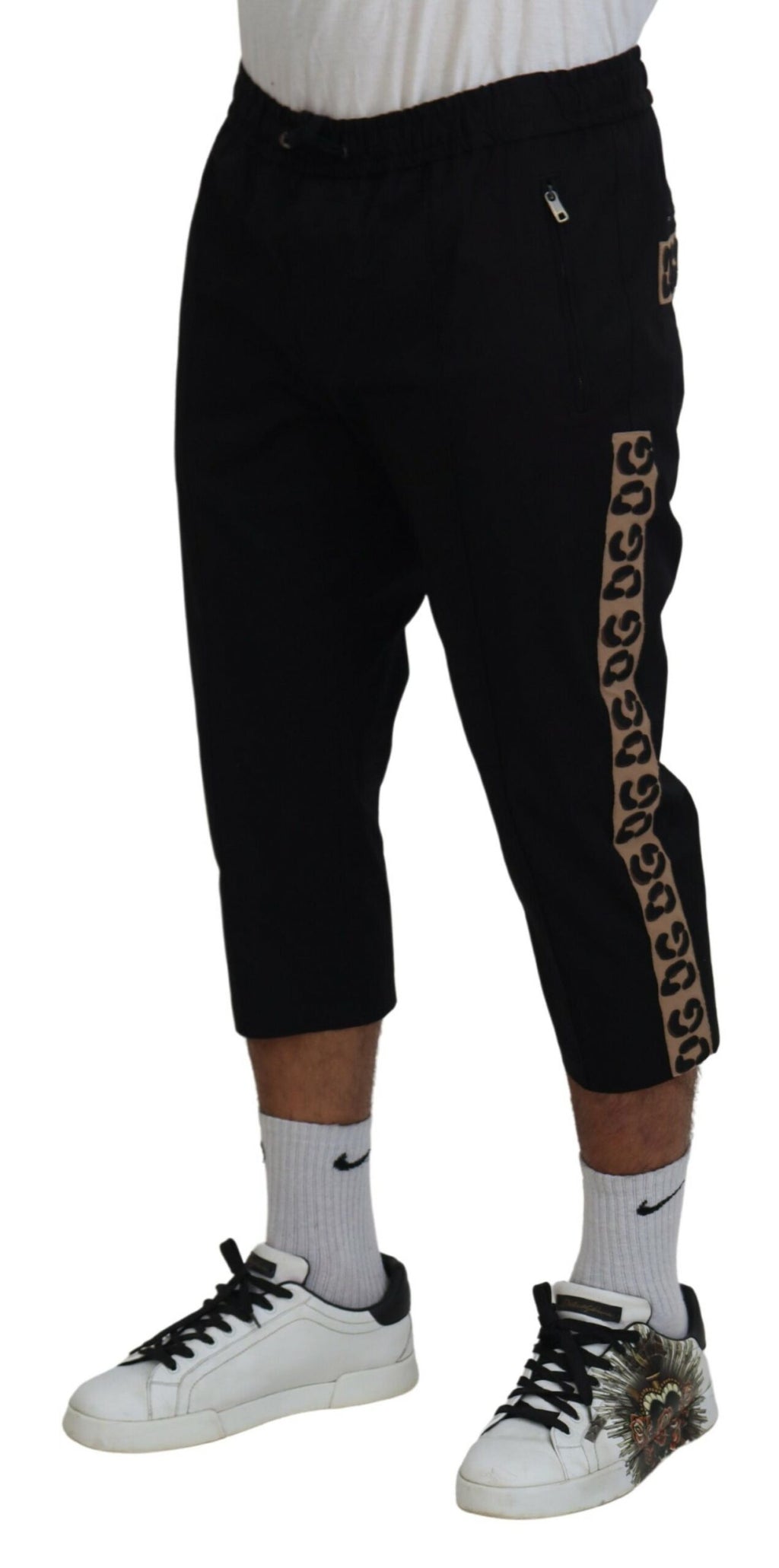 Dolce & Gabbana Black Cotton Elastic Waist DG Logo Cropped Pants - Zeiniez