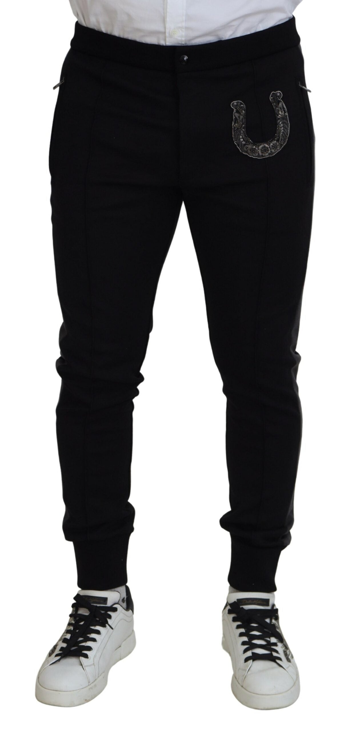 Dolce & Gabbana Black Wool Horseshoe Jogger Pants - Zeiniez