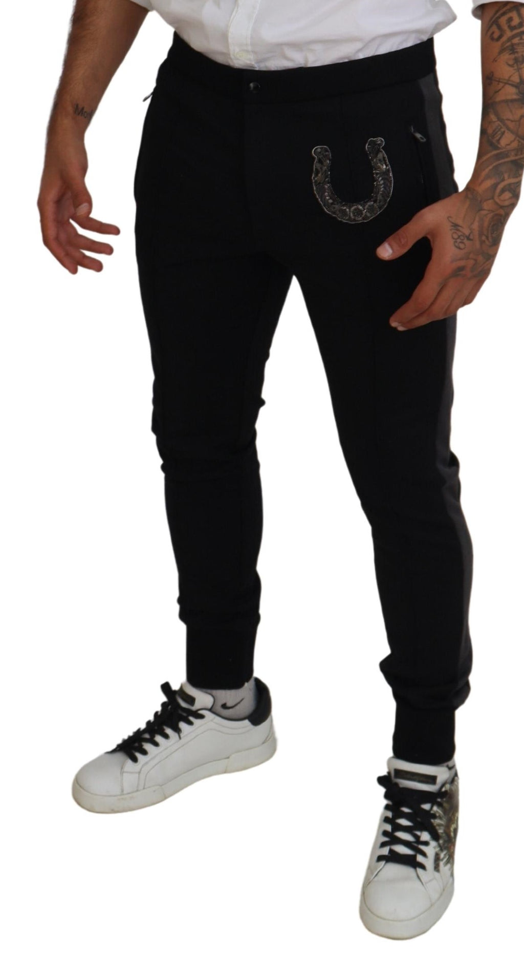 Dolce & Gabbana Black Wool Horseshoe Jogger Pants - Zeiniez