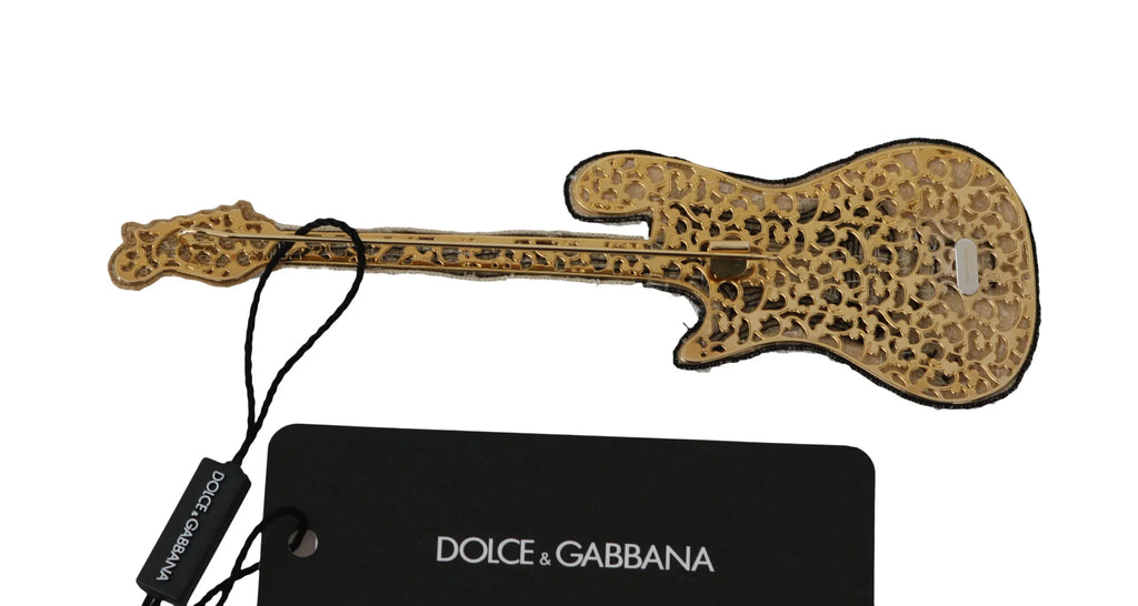 Dolce & Gabbana Gold Brass Beaded Guitar Pin Accessory Brooch - Zeiniez