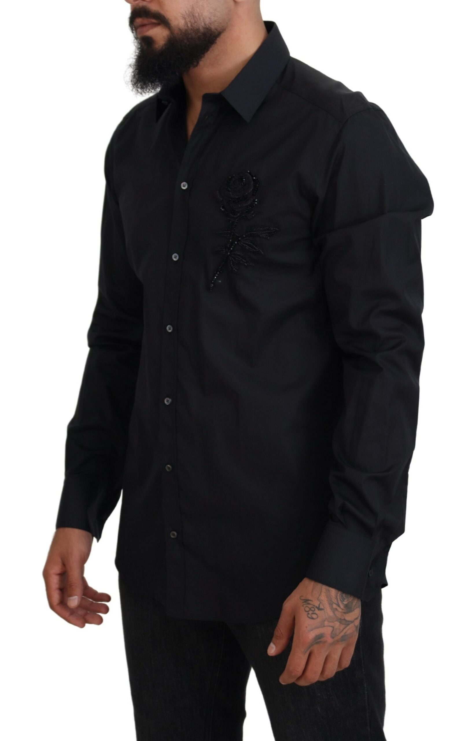 Dolce & Gabbana Black Roses Slim Fit Cotton Shirt - Zeiniez