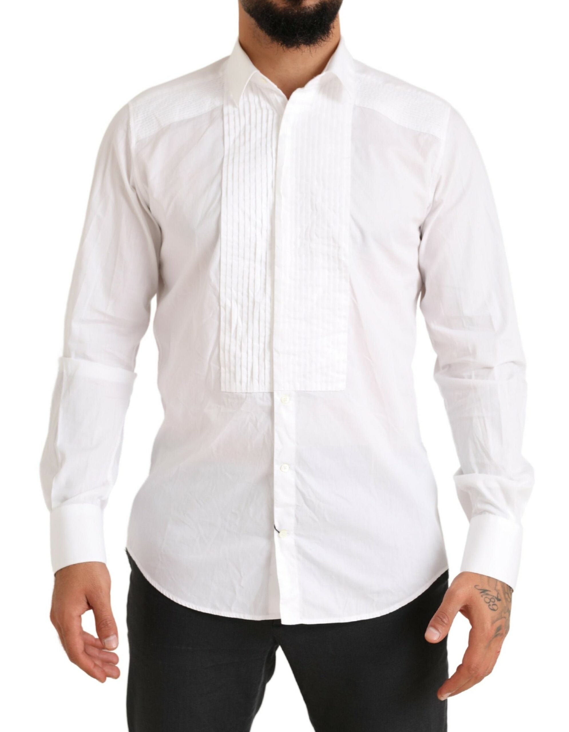 Dolce & Gabbana White GOLD Formal Cotton Tuxedo Dress Shirt - Zeiniez