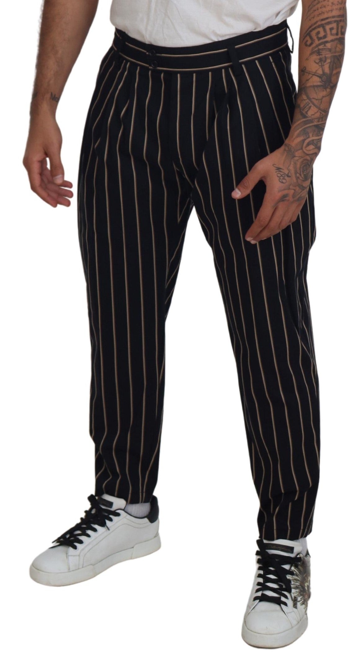 Dolce & Gabbana Black Beige Striped Cotton Stretch Pants - Zeiniez