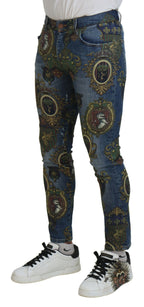 Dolce & Gabbana Blue Medal Print Slim Fit Cotton Jeans - Zeiniez