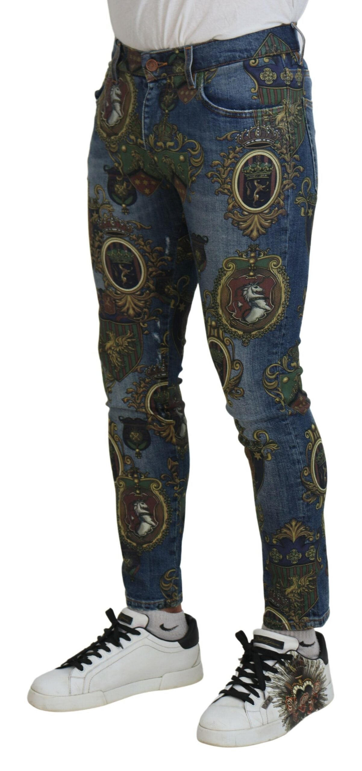Dolce & Gabbana Blue Medal Print Slim Fit Cotton Jeans - Zeiniez