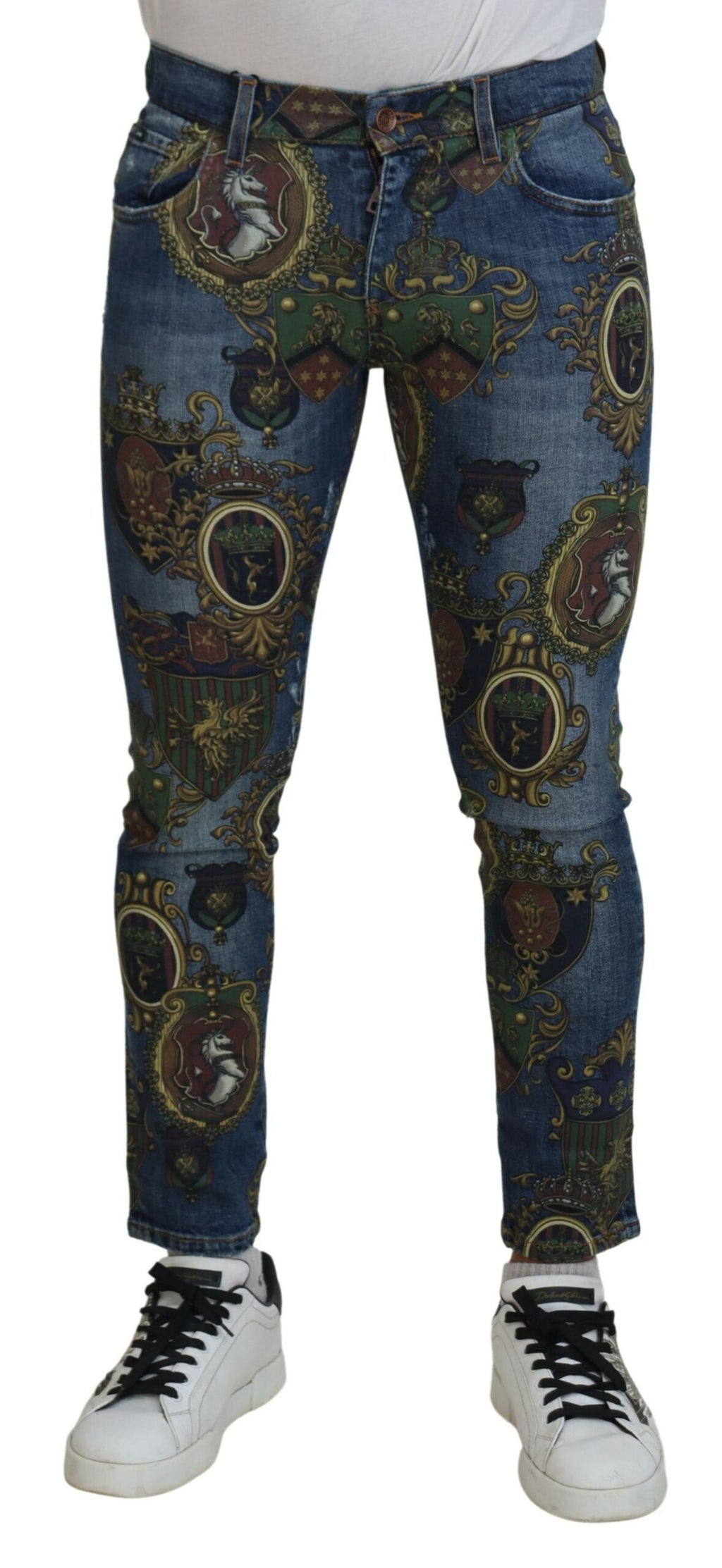 Dolce & Gabbana Blue Medal Print Slim Fit Cotton Jeans - Zeiniez