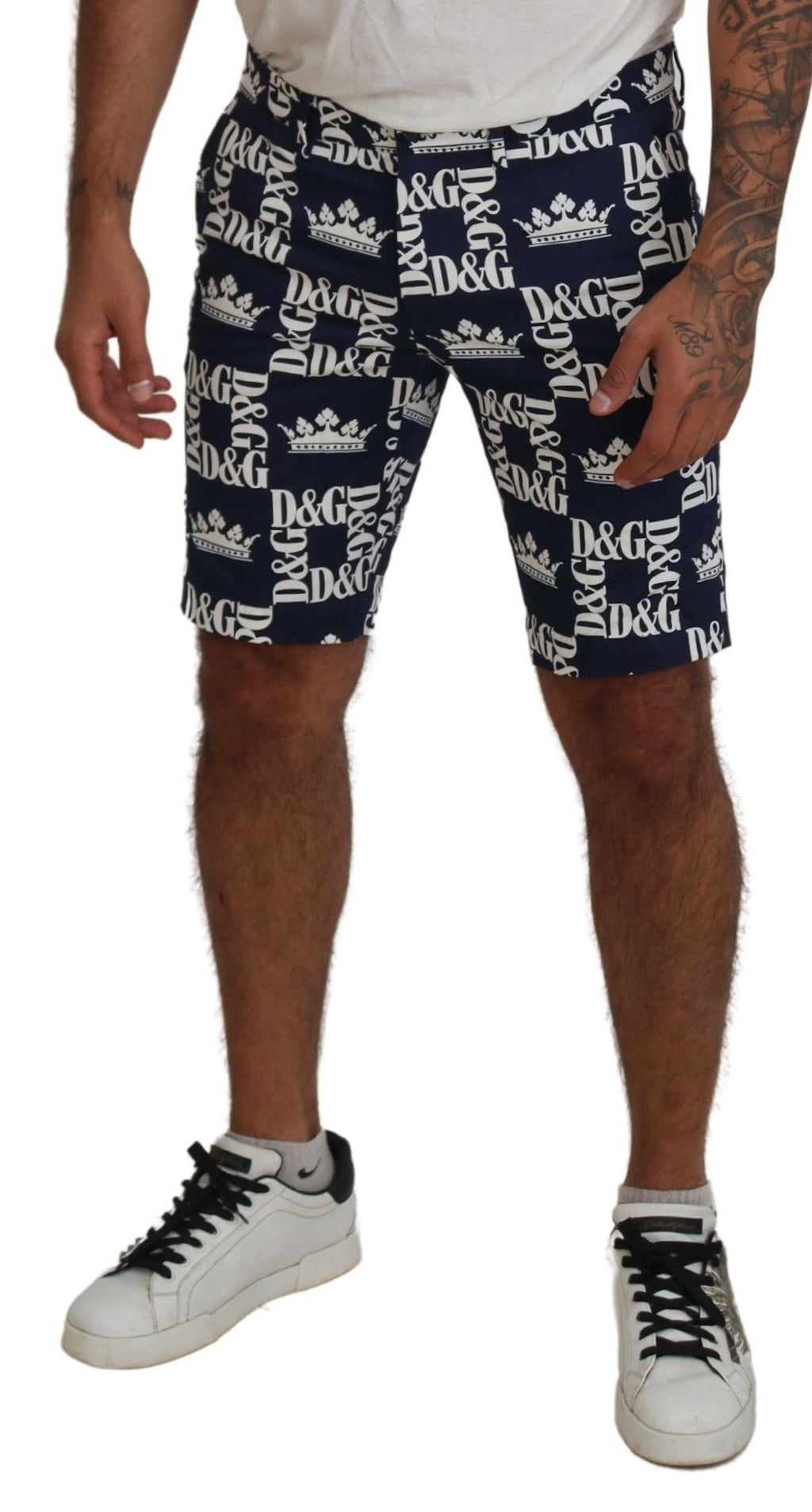 Dolce & Gabbana Blue Logo Print Cotton Chinos Shorts - Zeiniez