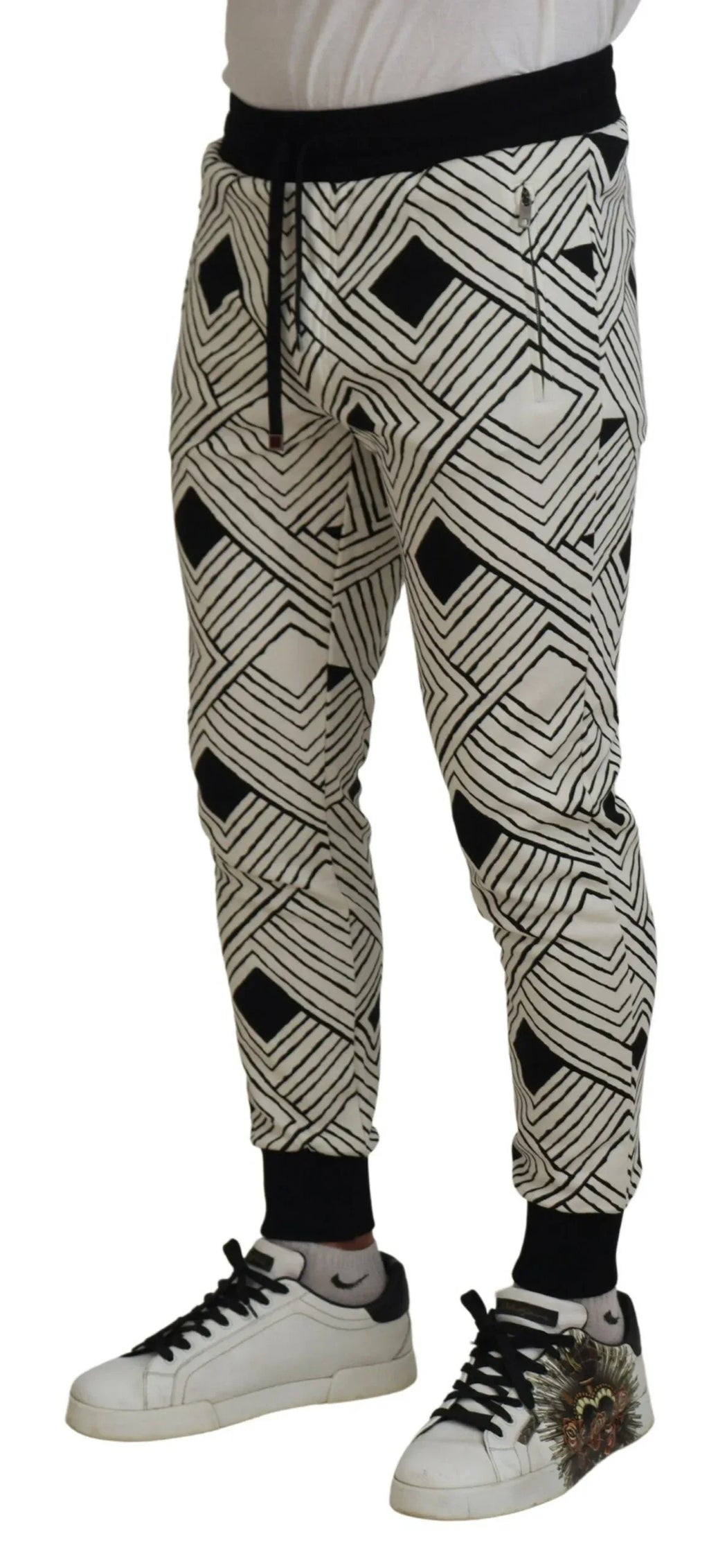 Dolce & Gabbana Black White Cotton Trousers Sport Pants - Zeiniez