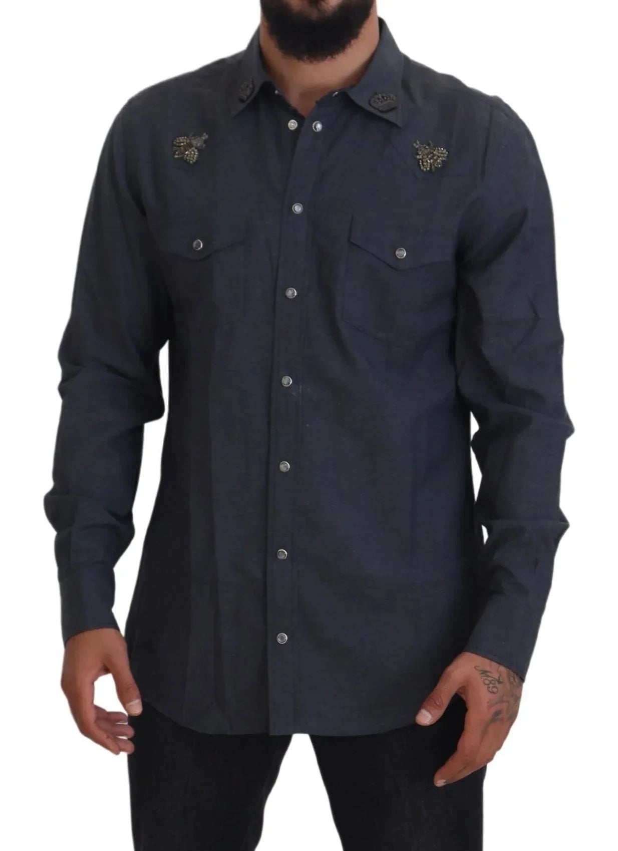 Dolce & Gabbana Blue Cotton Denim Crystal Bee Shirt - Zeiniez