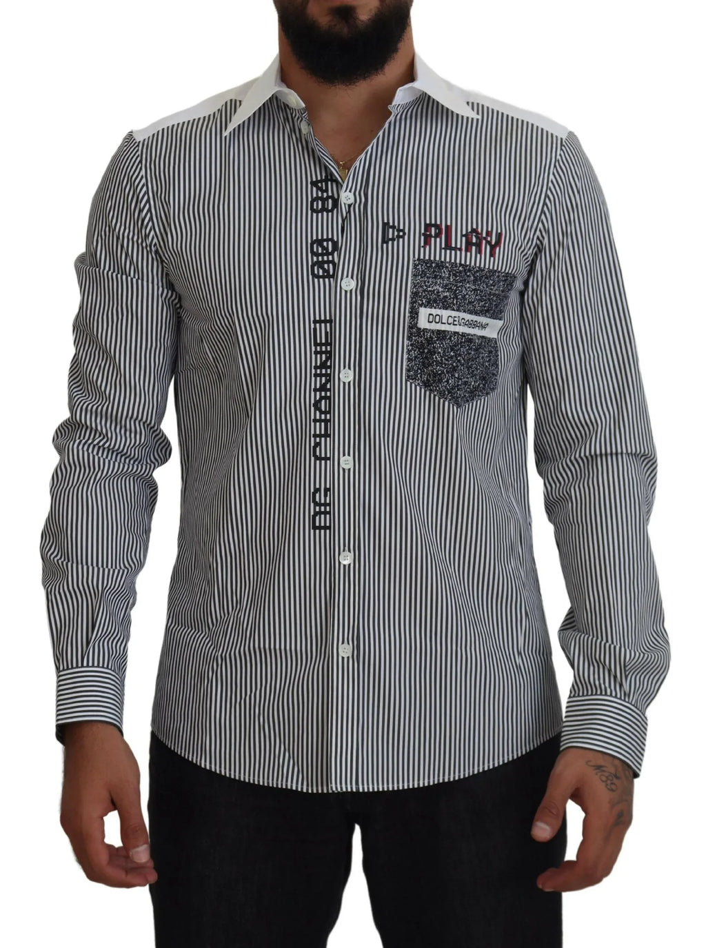 Dolce & Gabbana Gray White Striped Slim Fit Shirt - Zeiniez