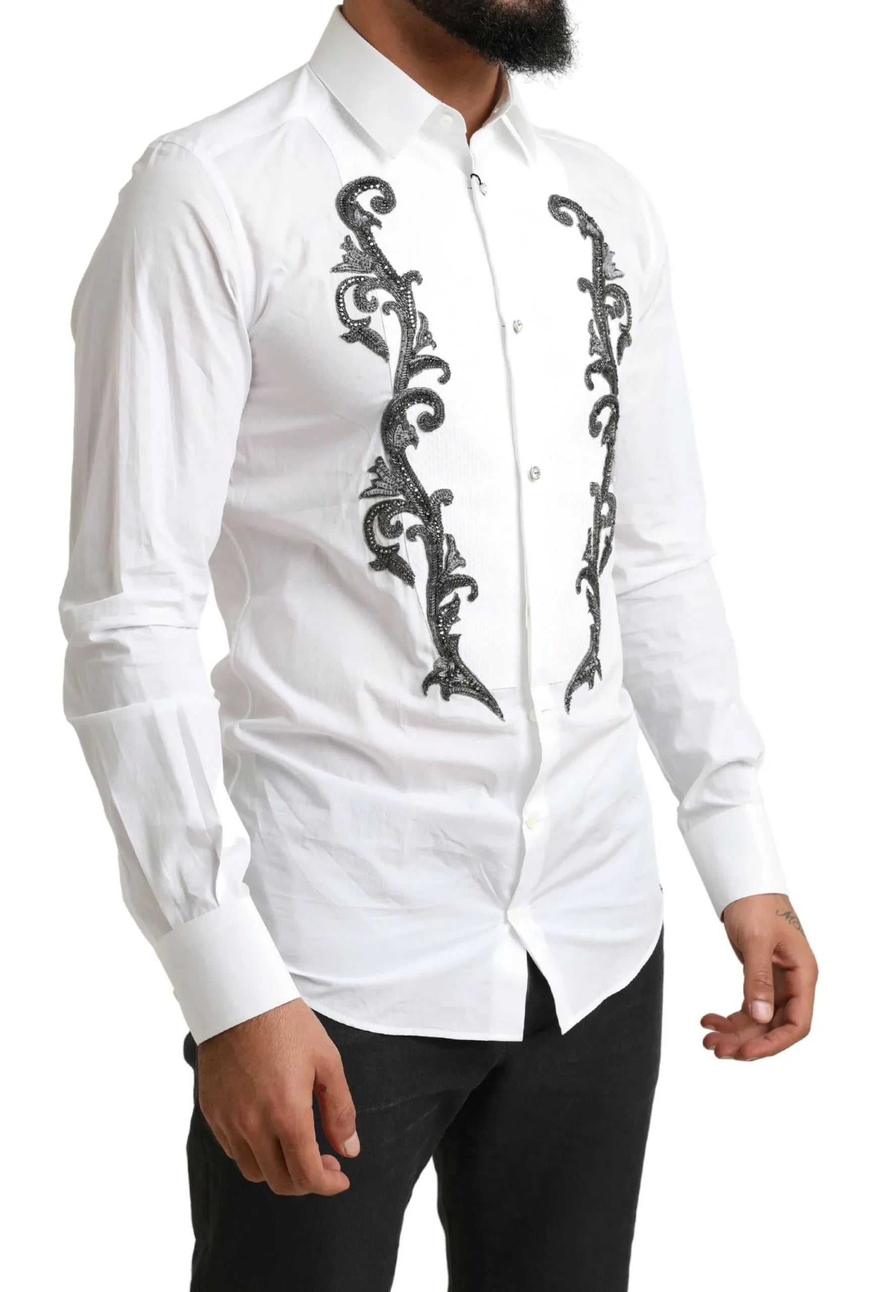 Dolce & Gabbana White Tuxedo Slim Fit Baroque Shirt - Zeiniez