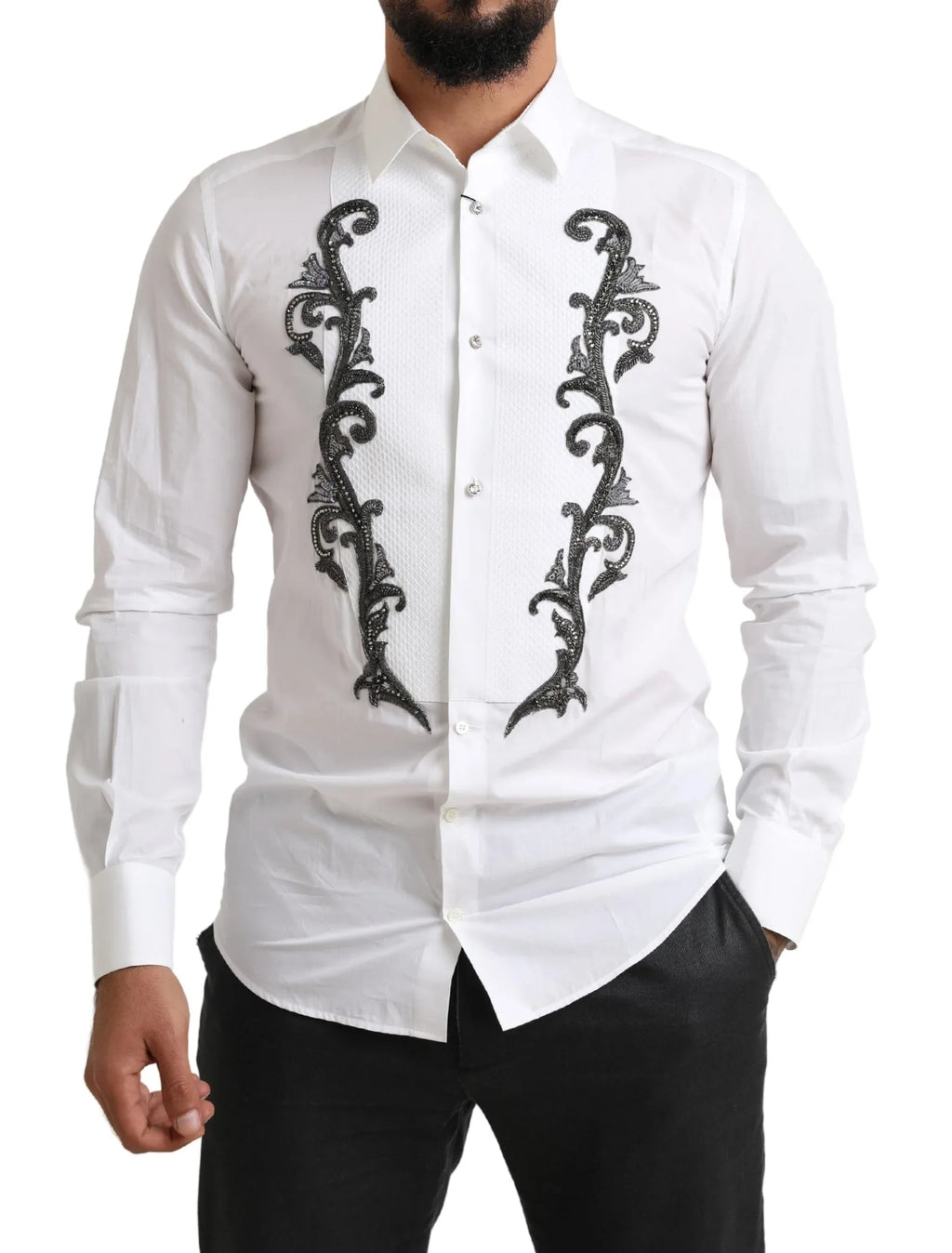 Dolce & Gabbana White Tuxedo Slim Fit Baroque Shirt - Zeiniez