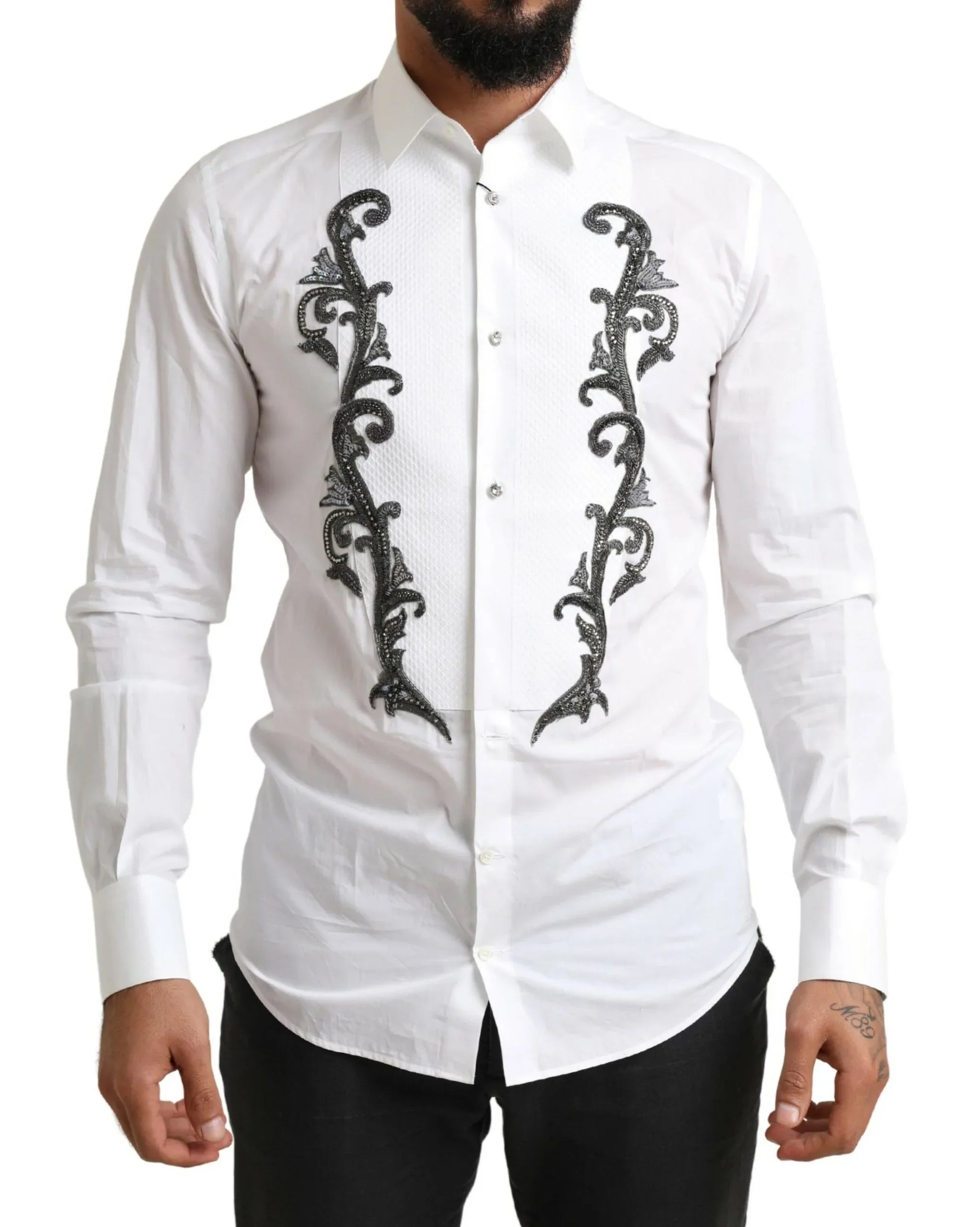 Dolce & Gabbana White Tuxedo Slim Fit Baroque Shirt - Zeiniez