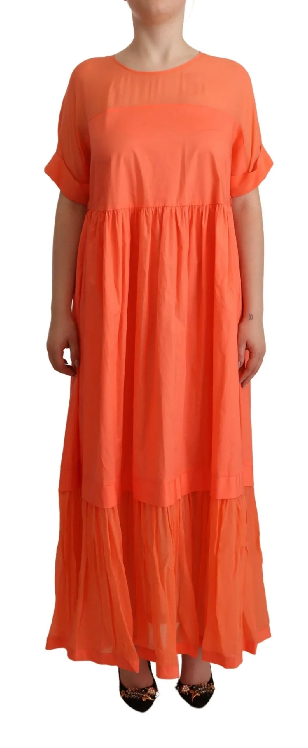 Twinset Coral Cotton Blend Short Sleeves Maxi Shift Dress - Zeiniez