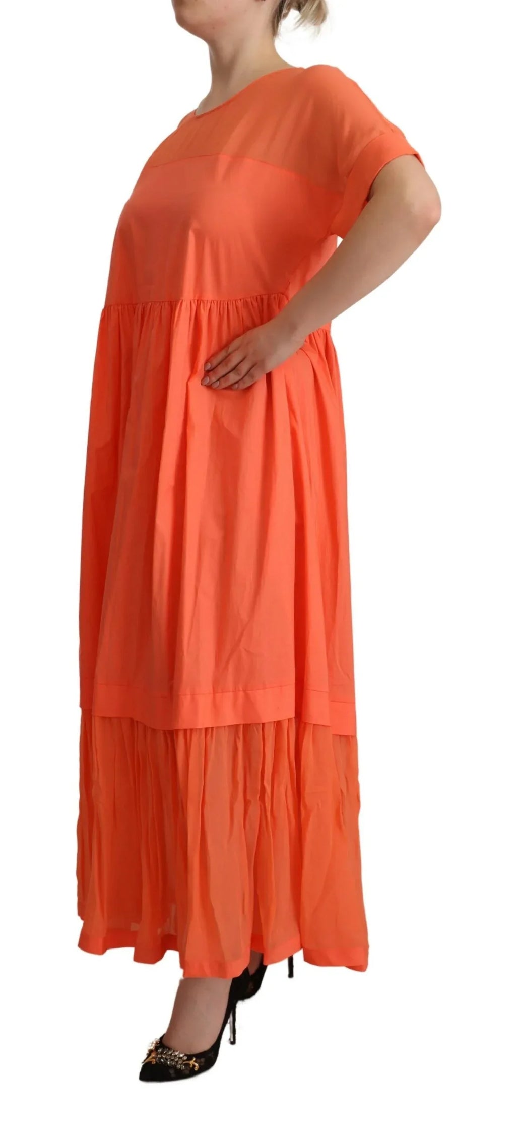 Twinset Coral Cotton Blend Short Sleeves Maxi Shift Dress - Zeiniez