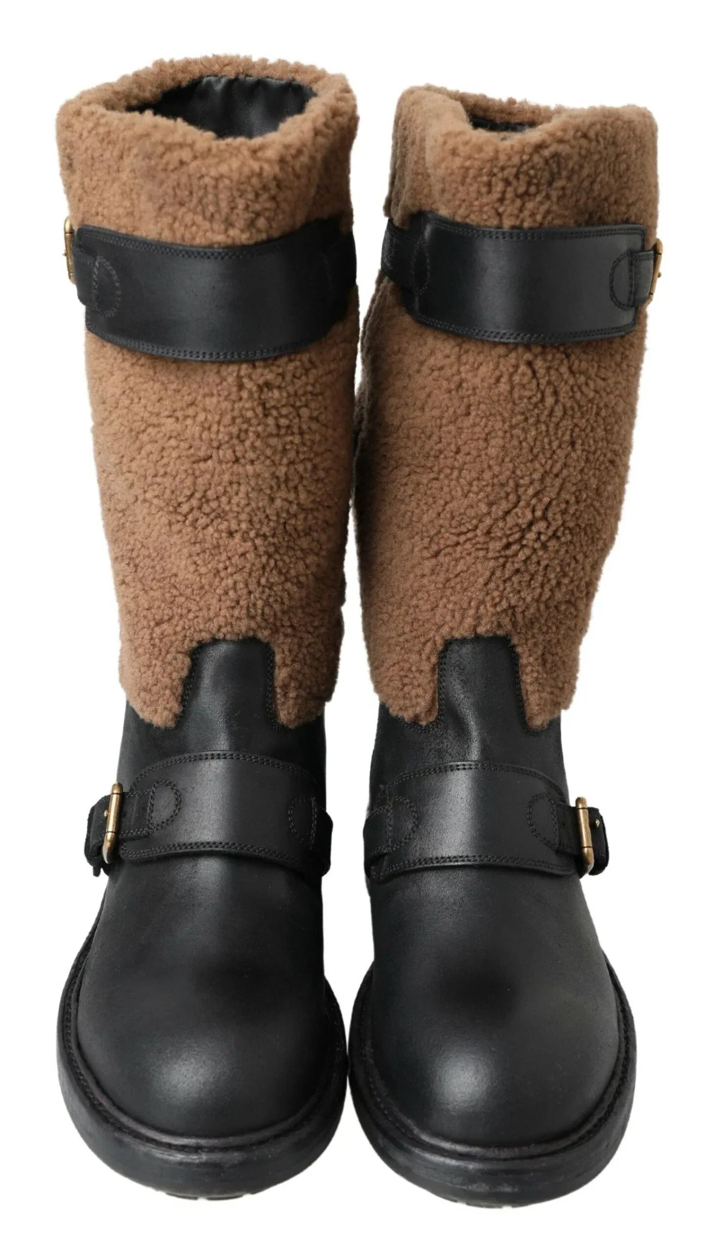 Dolce & Gabbana Black Leather Brown Shearling Boots - Zeiniez