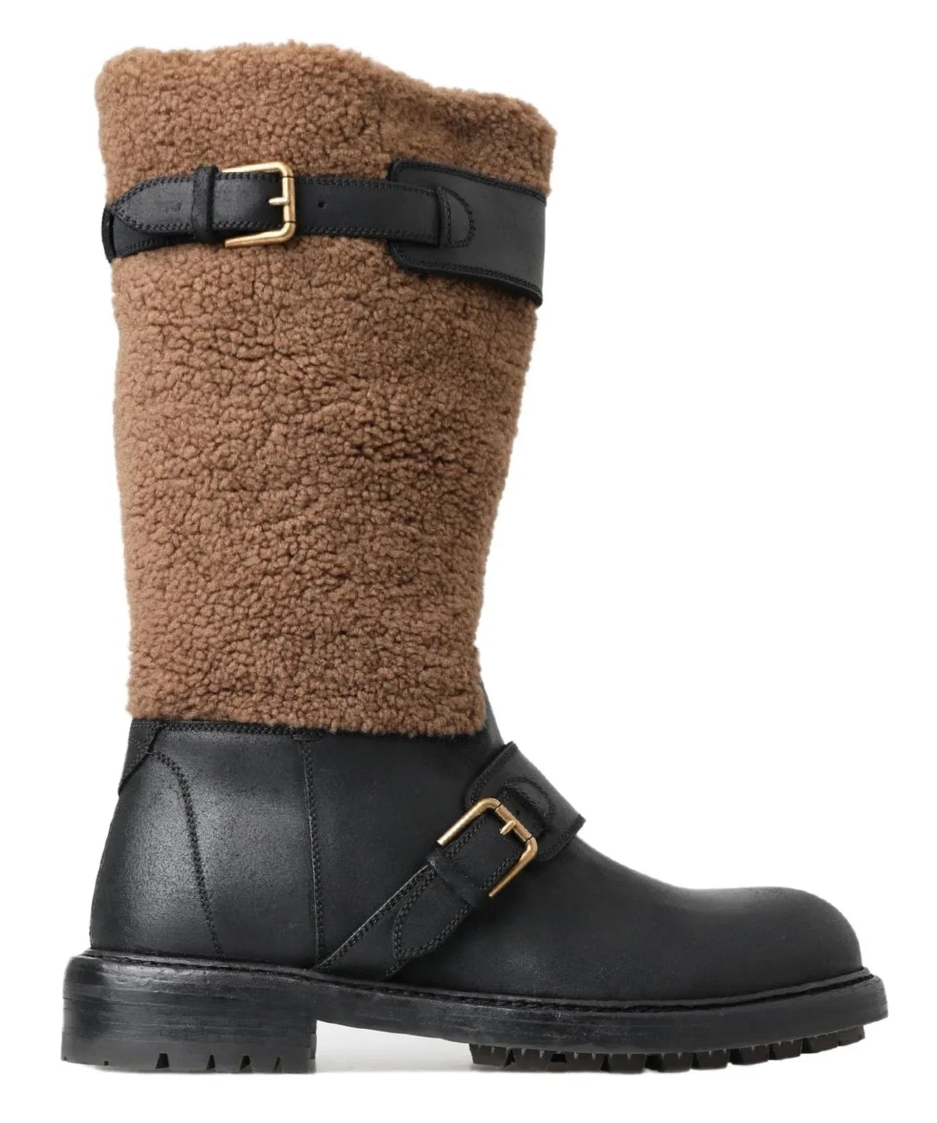 Dolce & Gabbana Black Leather Brown Shearling Boots - Zeiniez