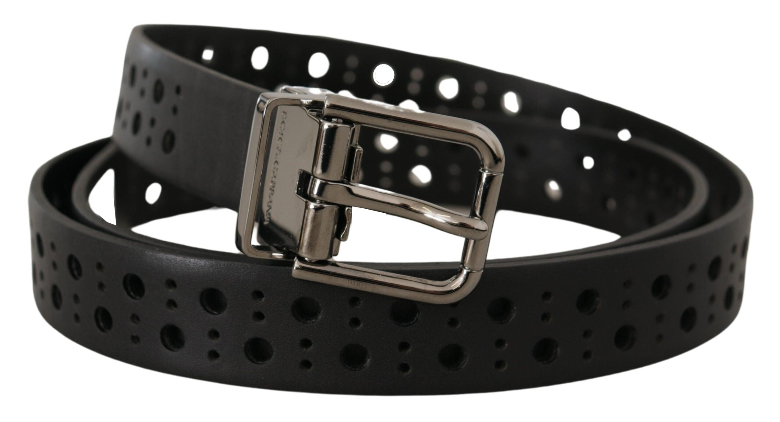 Dolce & Gabbana Black Calf Leather Perforated Metal Buckle Belt - Zeiniez