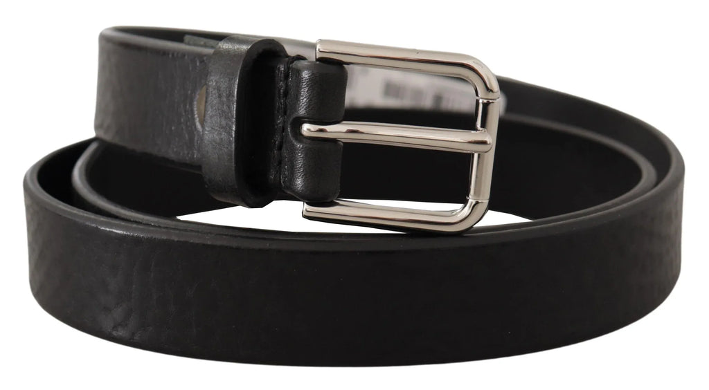 Dolce & Gabbana Black Calf Leather Silver Tone Logo Metal Buckle Belt - Zeiniez