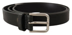 Dolce & Gabbana Black Calf Leather Silver Tone Logo Metal Buckle Belt - Zeiniez