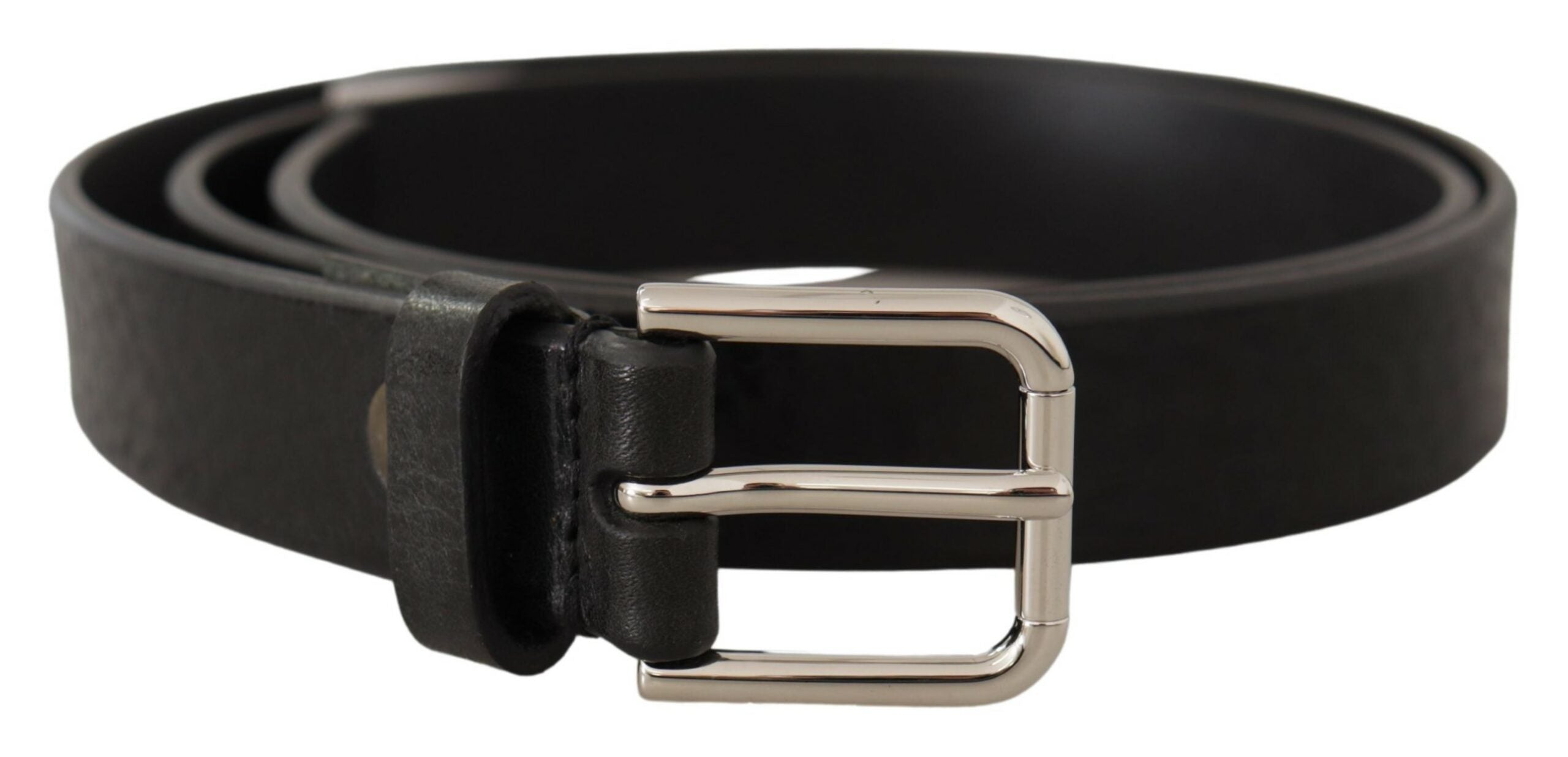 Dolce & Gabbana Black Calf Leather Silver Tone Logo Metal Buckle Belt - Zeiniez