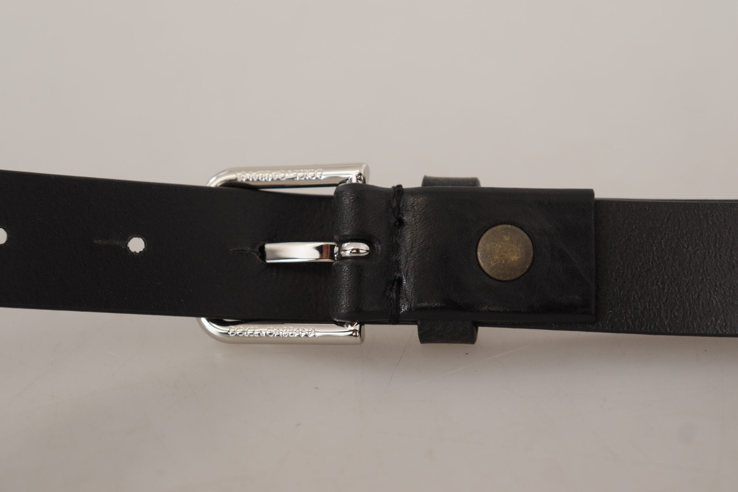 Dolce & Gabbana Black Calf Leather Silver Tone Logo Metal Buckle Belt - Zeiniez